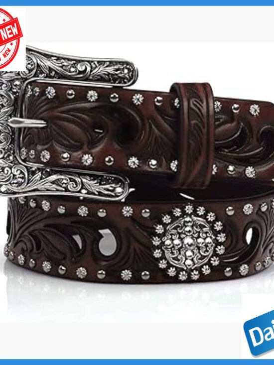 Large Genuine Leather Western Belt with Rhinestone Conchos main image 6